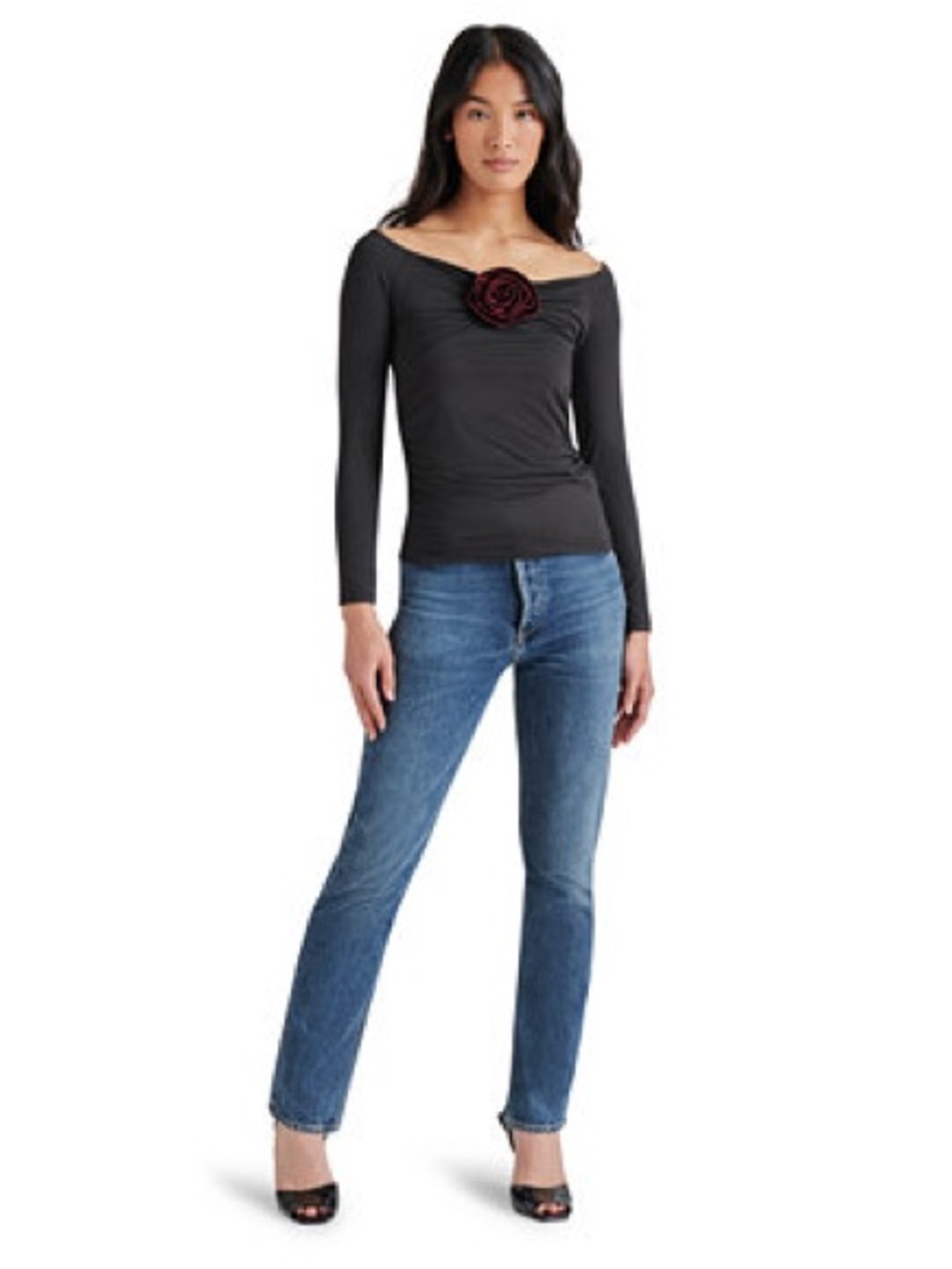 Steve Madden Rosetta Black Off-Shoulder Long Sleeve Top with Burgundy Rose